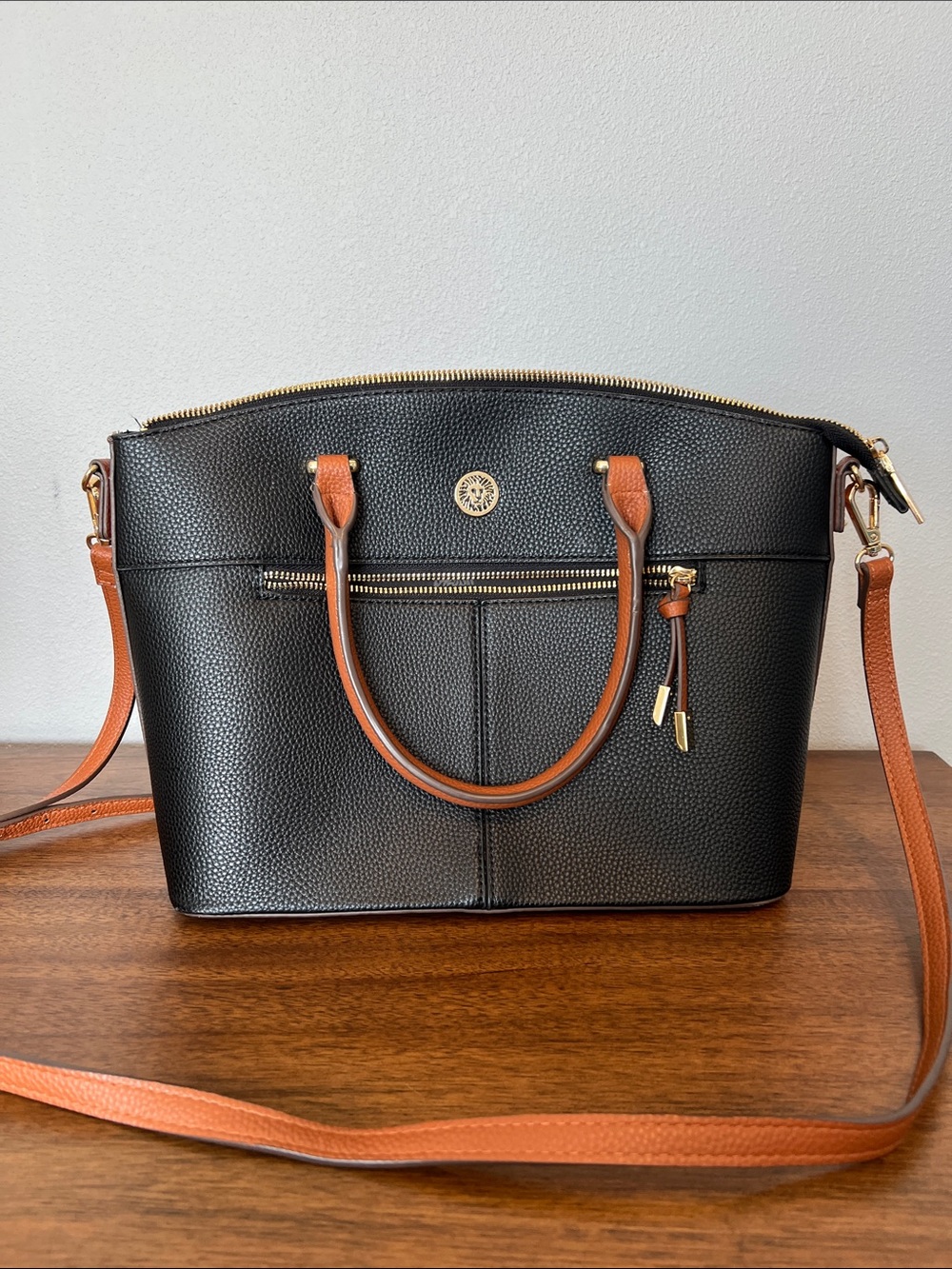 Anne Klein Black Leather Tote Handbag with Contrast Brown Handles